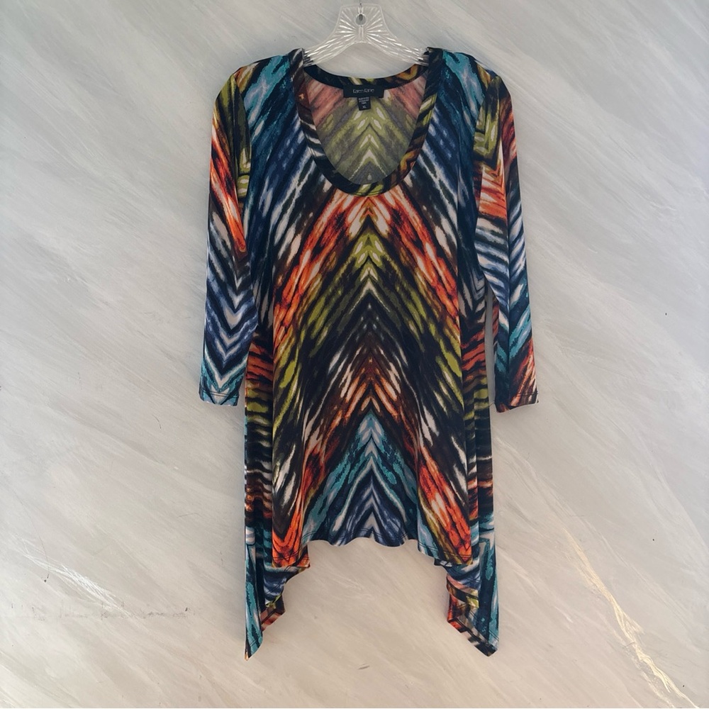 Karen Kane XL Colorful  3/4 Sleeve Sharkbite Hem Stretchy Tunic Top Artsy
